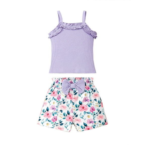 KIMI BEAR 3T Toddler Girls Outfit Sets 4T Toddler Girls Summer Clothes Off-the-shoulder Sleeveless Top Ruffle Solid Color Top Floral Shorts 2pcs Clothing Purple