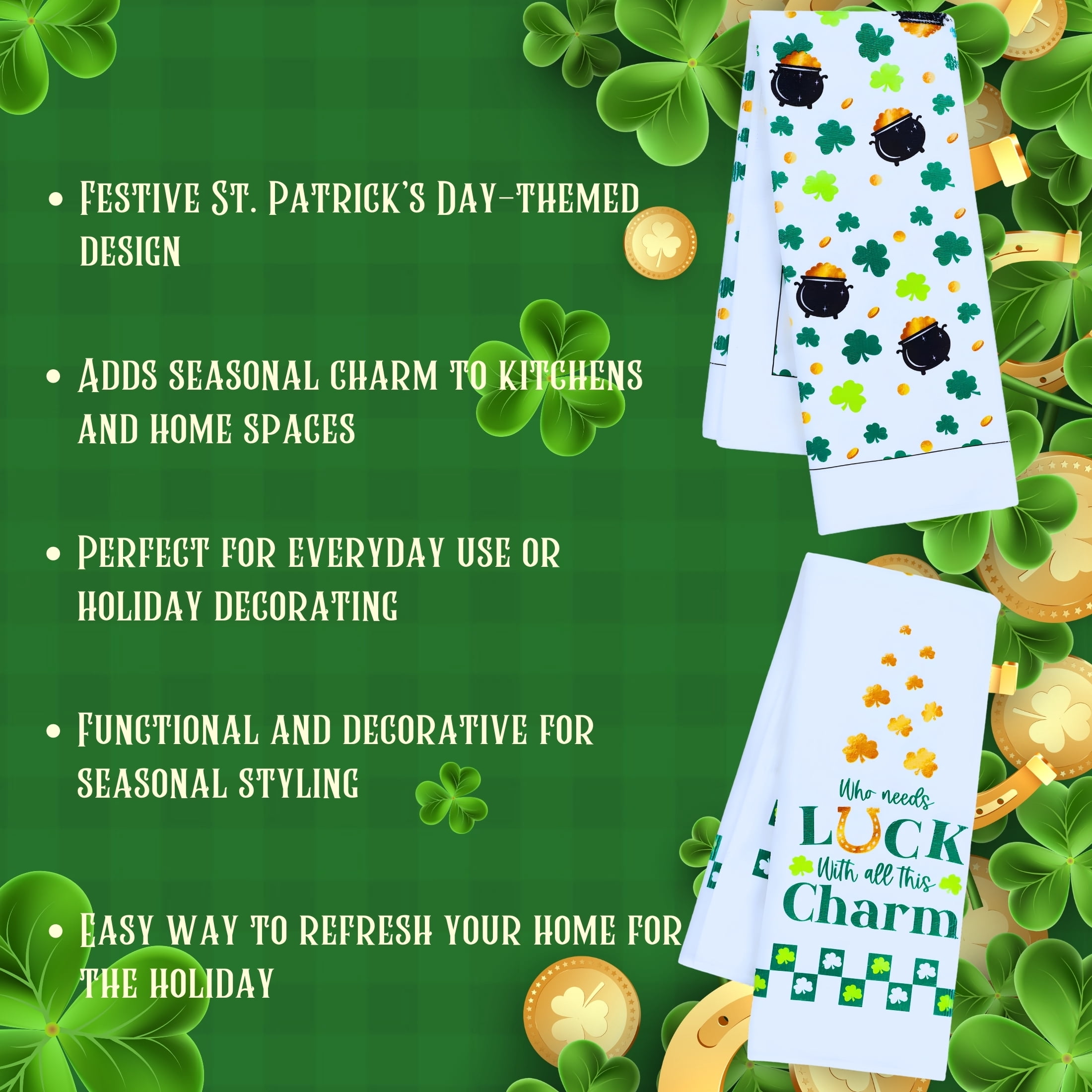 3-Pack St. Patrick’s Day Kitchen Towel Set, 15 x 25 in Shamrock & Irish Luck Dish Towels Reusable Absorbent Seasonal Home Décor Housewarming Gift