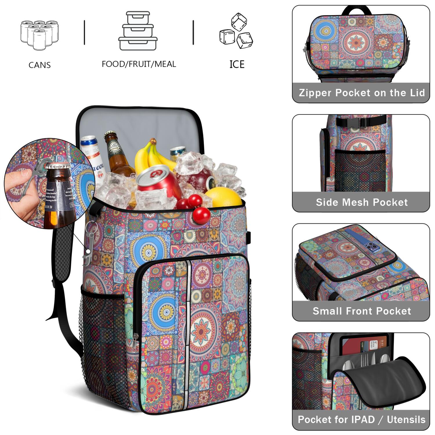 Travel Cooler Bag - Boho Bohemia Flower Camping Beer Cooler Backpack with Bottle Opener- Waterproof Insulated Picnic Backpacks - Cooler Bag for Beach