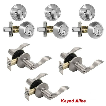 Exterior Door Lockset - Dynasty Hardware V-CP-HER-US15, Heritage Front Door Entry Lever Lockset and Single Cylinder Deadbolt Combination Set, Satin Nickel - (3 PACK) - Keyed Alike