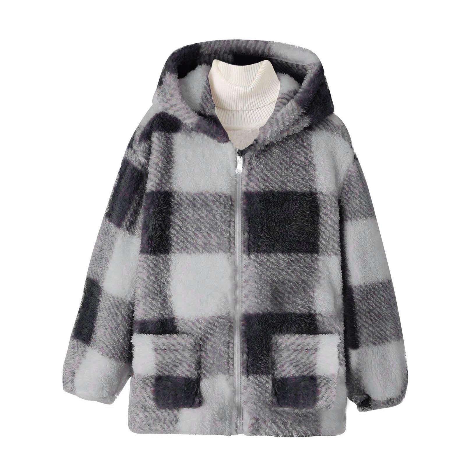 Xdegoge Girls Fleece Sherpa Jacket Plaid Fuzzy Zip Up Long Sleeve Hoodie Teen Thermal Loose Cozy Hooded Coats Tween 2025 Winter Thick Warm Outerwear With Pockets Age 8-14 Years