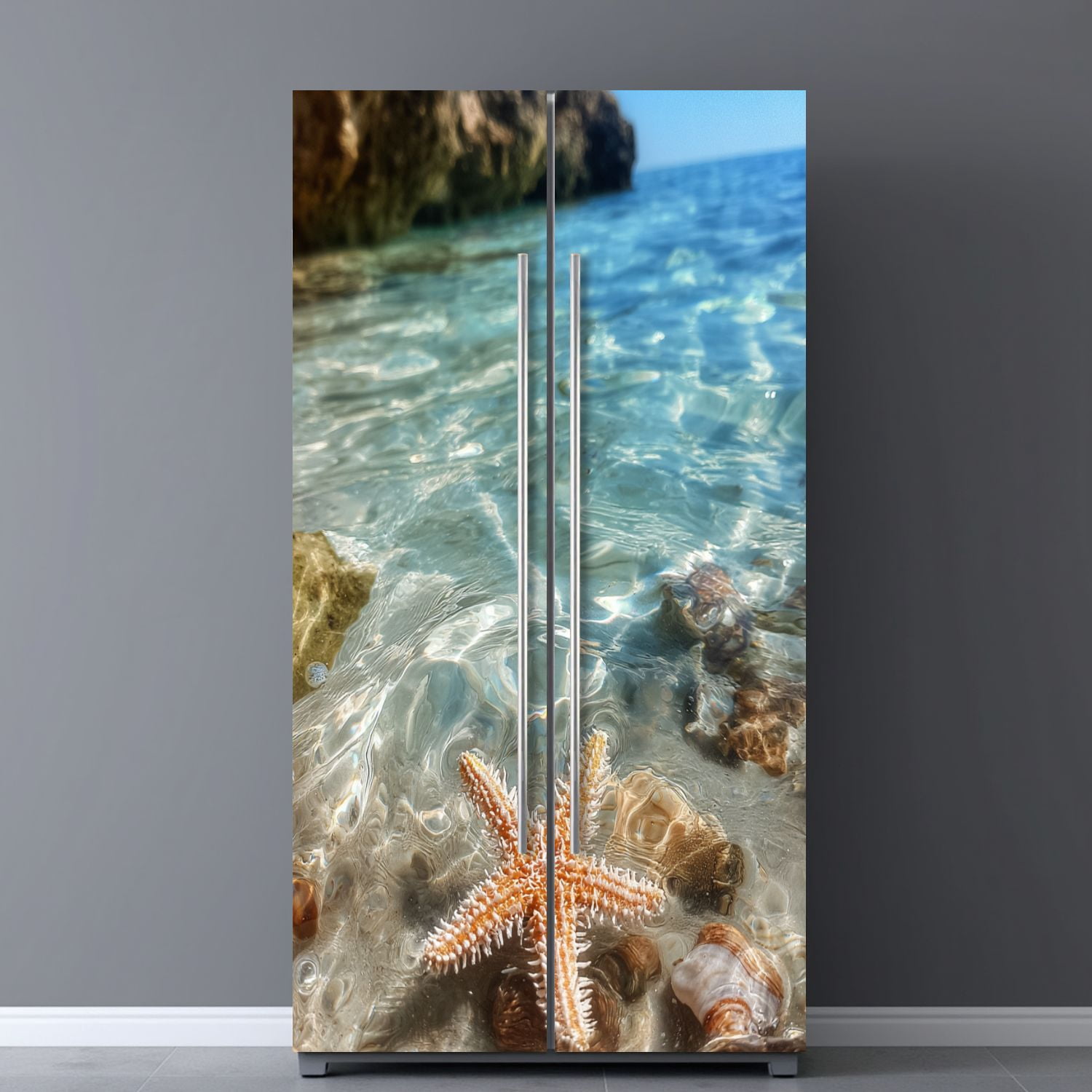 Self Adhesive Vinyl Refrigerator Wrap Set Starfish coral summer beach sea water Summer Door Mural Removable Fridge Sticker Peel and Stick&nbsp;Full Door Cover Decal Kitchen Bar Decor