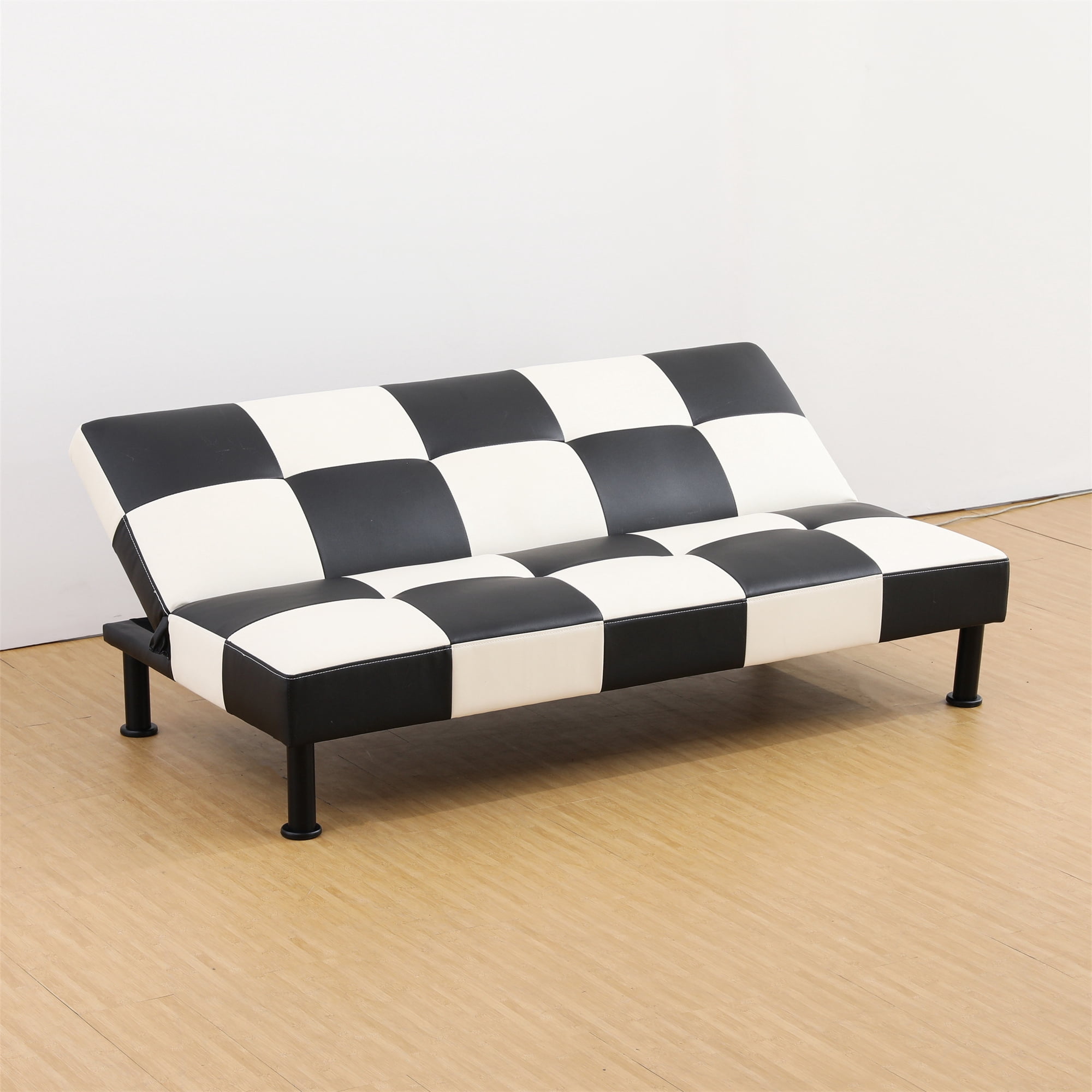 Aukfa Studio Futon Convertible Sofa Bed, Tufted Back, Leather, Black&White