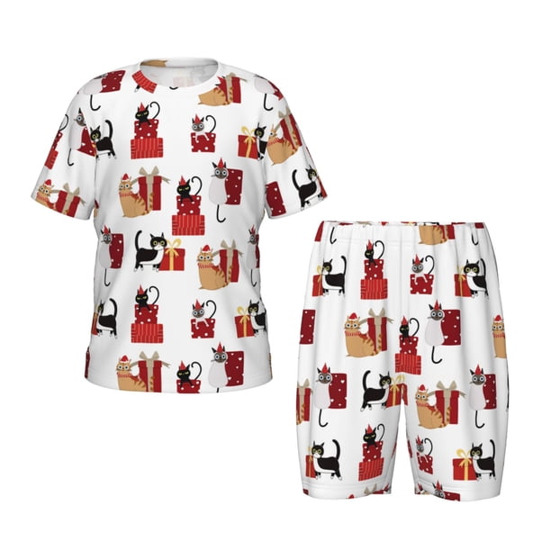 Balery Cute Cat And Christmas Gift Conjunto de Pijama Infantil de Manga Corta con Estampado – Ropa de Dormir de Algodón Suave-X-Large