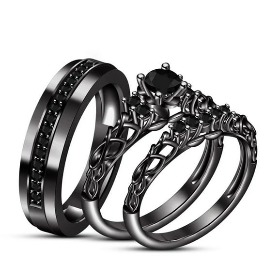 Silver & Stone Jewels Round Cut Cubic Zirconia Wedding His & her Trio Ring Set For Gift 14K Black Gold Finish Silver