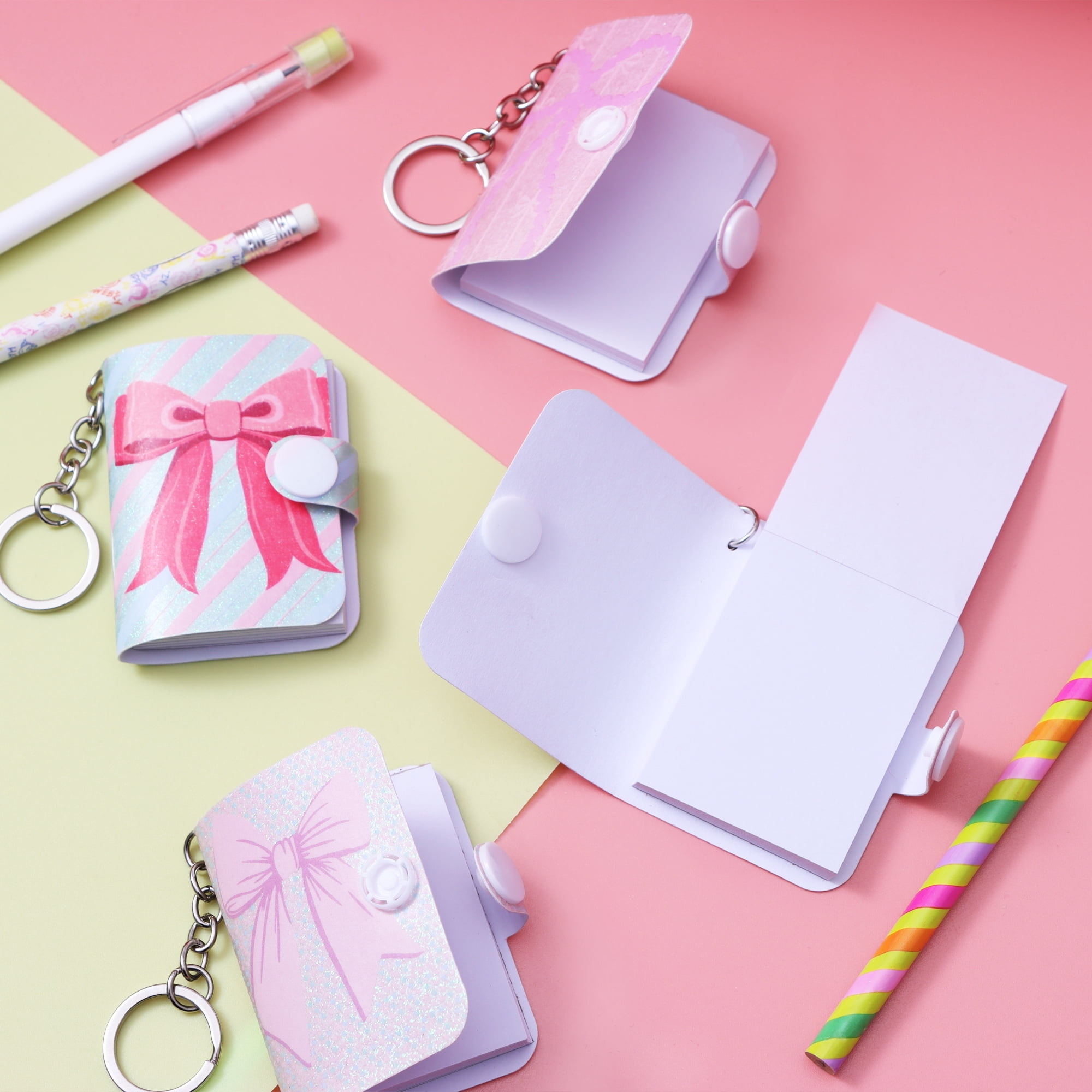 4 Count, Pink Mini Bow Notebook with Keychain, Party Favors, by Way To Celebrate