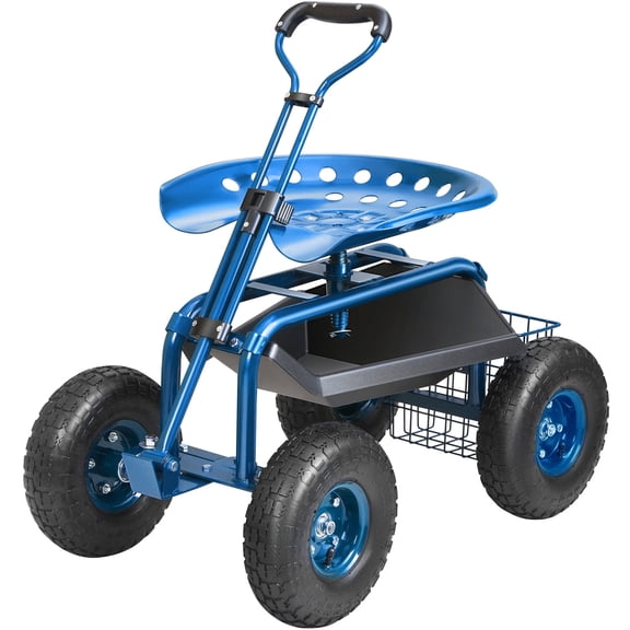 VEVOR Rolling Garden Cart with Seat, 360°Rotating Garden Stool for Planting, Extendable Steer Handle & Utility Tool Tray, Blue