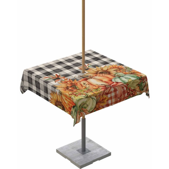Boanket Outdoor Tablecloth with Umbrella Hole for Patio/Picnic/Party/Camping, Pumpkins Green Orange Fall Waterproof Table Cloth Square Cover Washable, Thanksgiving Black Plaid Rustic (54"x 54")