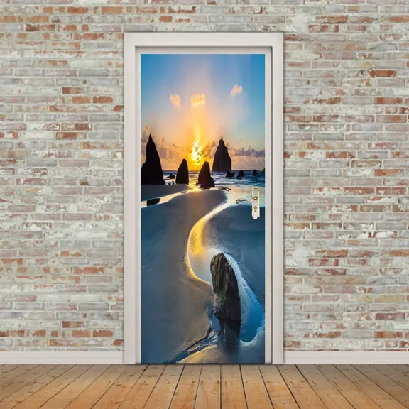 D Natural Landscape Door Stickers Sunrise Scenery Mural Decal Ocean Beach Bedroom Living Room r Wall