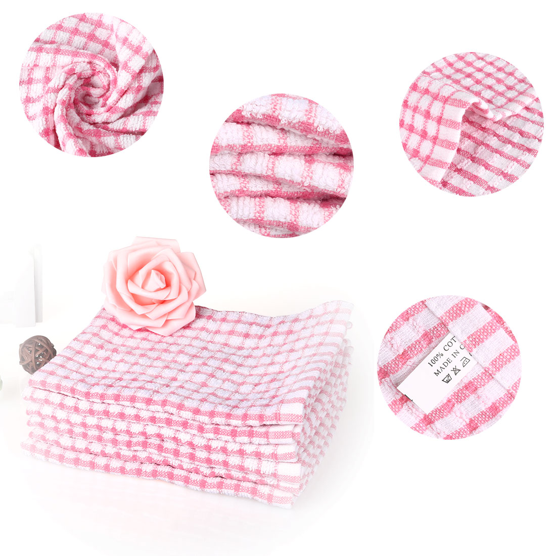 Unique Bargains 12-Pack Terry Cotton Kitchen Cleaning Cloths Towels Pink