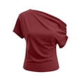 thumbnail image 4 of SROBPTY Womens T-Shirts Solid Crew Neck Short Sleeve Off Shoulder Asymmetrical Loose Breathable Summer Tops for Daily Wear, 4 of 4