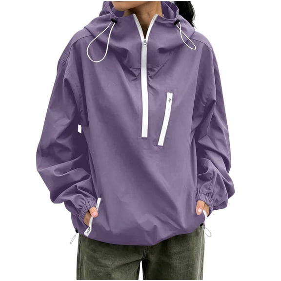 Cmfcve Women's Waterproof Jackets Lightweight Hooded Rain Jacket Half Zip Pullover Outdoor Hiking Windproof Jacket