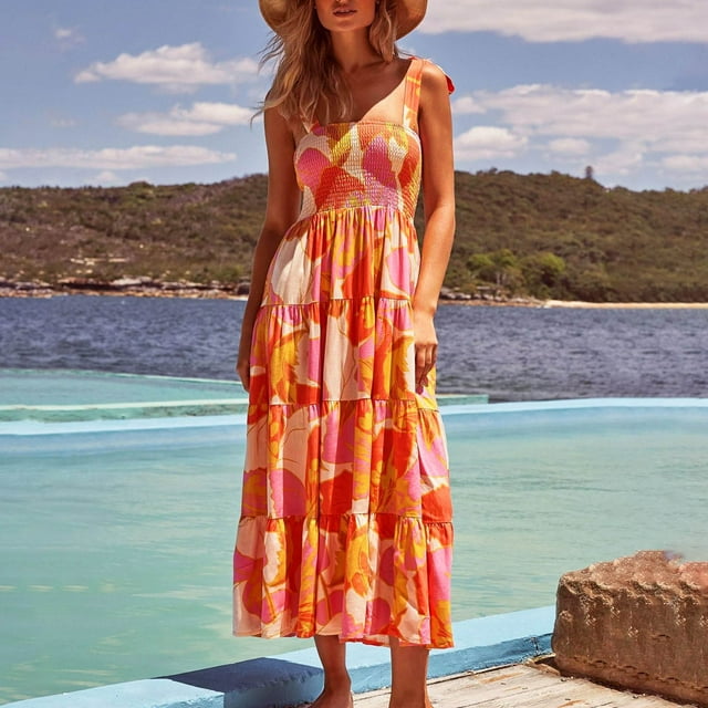 SMihono Robe Maxi Bohème d'Été pour Femmes Grande Taille Bretelles Imprimé Long Pli Taille Élastique Style Vacances Robe de Plage