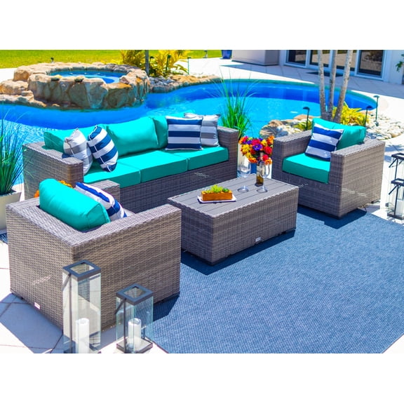Sorrento 4-Piece L Resin Wicker Outdoor Patio Furniture Conversation Sofa Set in Gray w/ Three-seat Sofa, Two Armchairs, and Coffee Table (Flat-Weave Gray Wicker, Sunbrella Canvas Aruba)
