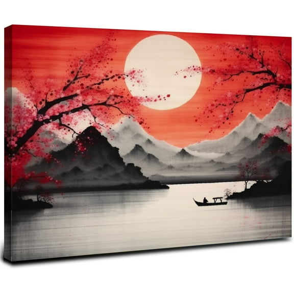 ONETECH Japanese Wall Art For Bedroom Pink Wall Decor Cherry Blossom Wall Art Japanese Ink Painting Wall Art Sakura Mount Modern Black And Red Landscape Artwork 20x16inch