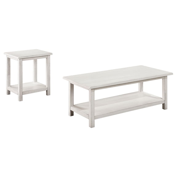 Farmhouse Coffee and End Table Set with Storage Shelves - Distressed White Wood 2-Piece Living Room Tables for Small Spaces