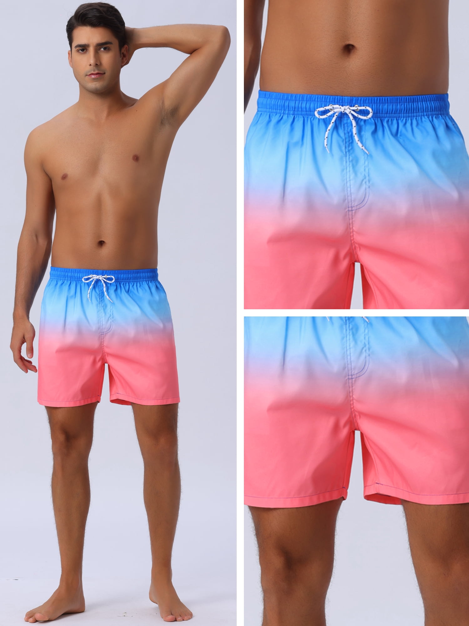 DARING DIVA Men's Contrast Color Gradient Summer Drawstring Beach Shorts 28 Blue Red