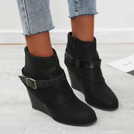 

Women s Fashion Casual Lace Up Zipper Solid Color Single Shoes High Heels Boots
