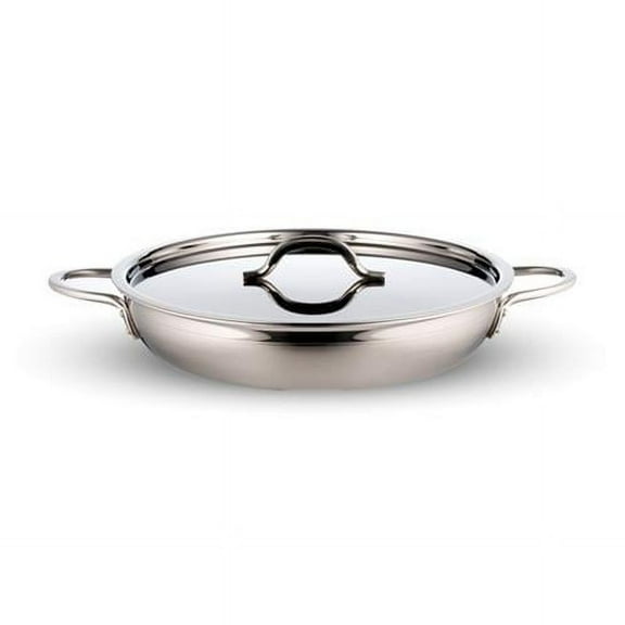 Bon Chef 60305-2ToneSS 11 x 2 in. Country French Two Tone Stainless Steel Saute 2 quart Pan & Skillet with Cover Double Handle & 2 Round Handles, 12 oz