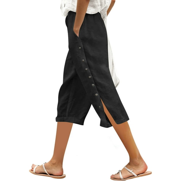 SNKSDGM My Items Women’S Solid Color Elastic Waist Loose Fit Side Button Functional Three Quarter Casual Pants Made in Canada