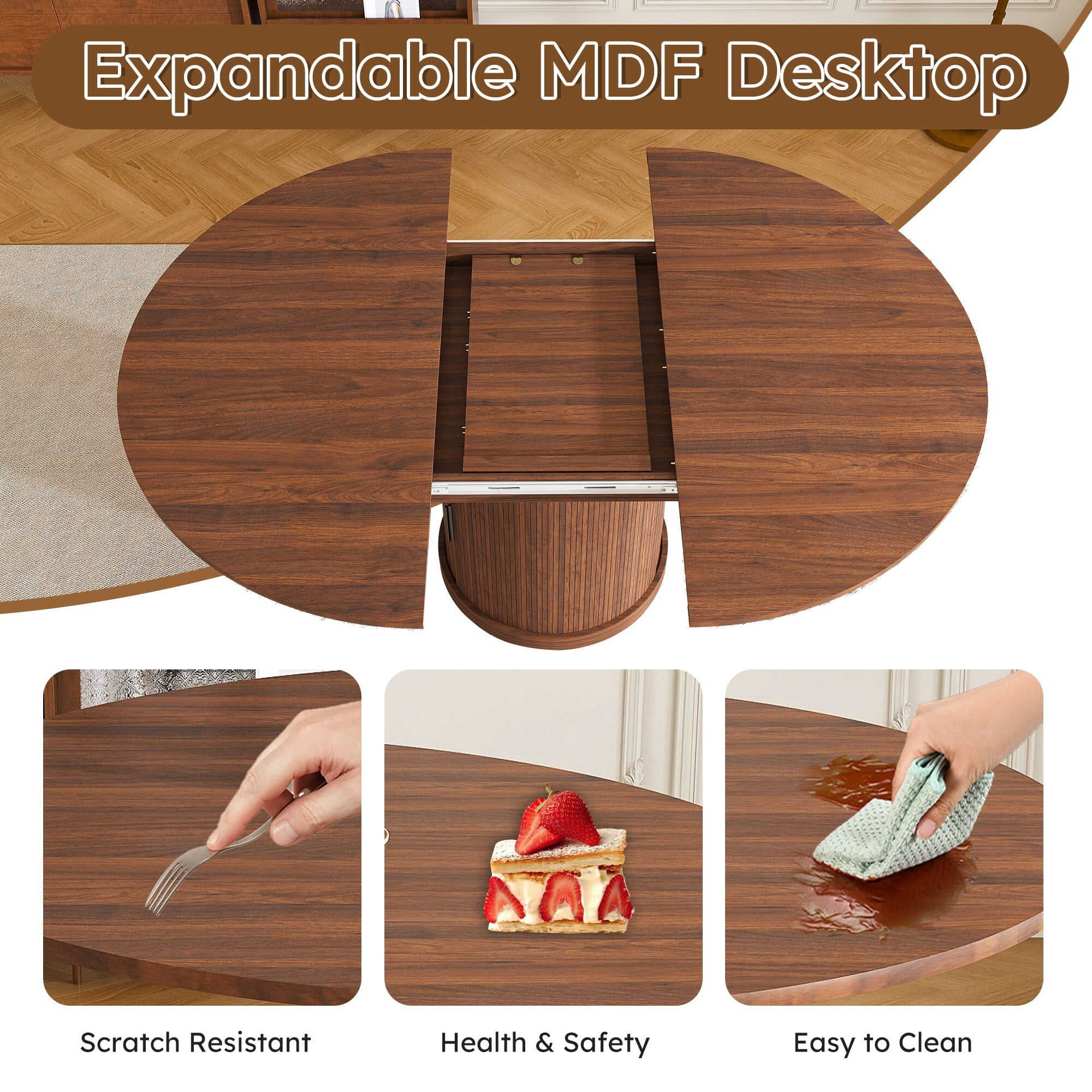 AENKYO 47-59" Extendable Oval Dining Table, Modern Kitchen Table with Storage Pedestal & Drawer, Walnut