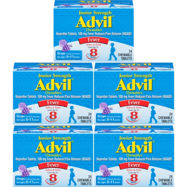 5 Pack Advil Junior Strength, Chewable Tablets, Grape, 24 Count Each