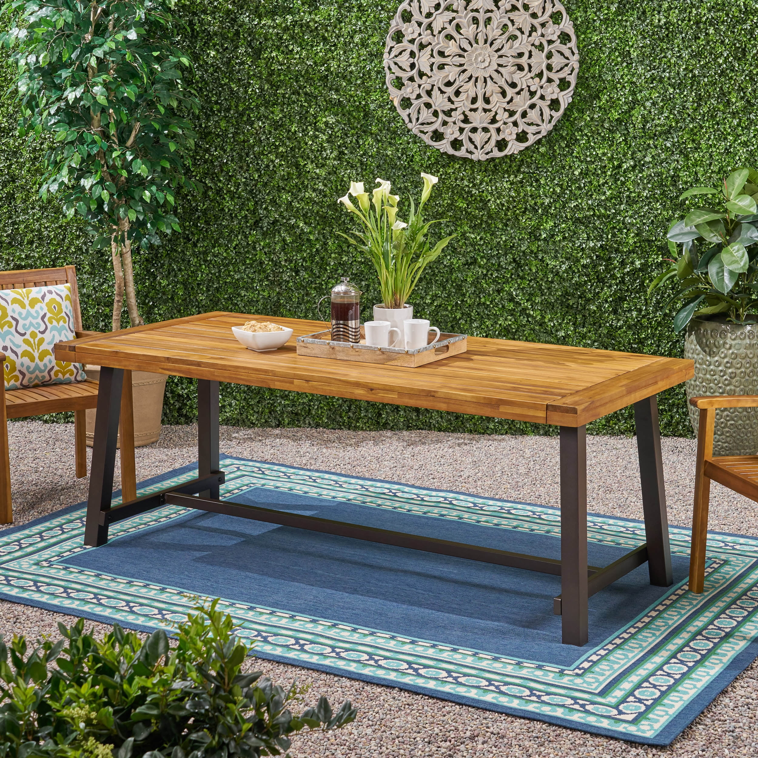 Kamden Outdoor Eight-Seater Wooden Dining Table, Teak and Rustic Metal