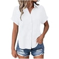 thumbnail image 4 of KIHOUT Women's Crinkle Gauze Button-Down Shirt Short Sleeve Rolled Cuff Split Hem Casual Cotton Blouse, 4 of 7