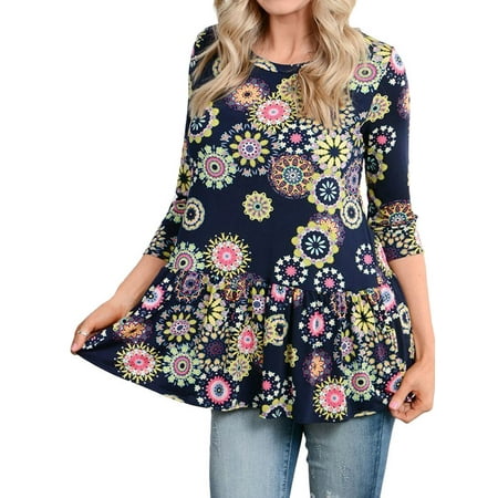 - Nlife Women Floral Print Round Neck 3/4 Sleeve Peplum T-Shirt