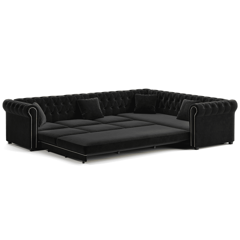 115.3" L-Shaped Sleeper Sofa with Pull-Out Bed, Velvet Sectional Couch with Gold Trim Rolled Arms, Chesterfield Tufted Convertible Sofa Bed with Deep Seats and Throw Pillows for Living Room
