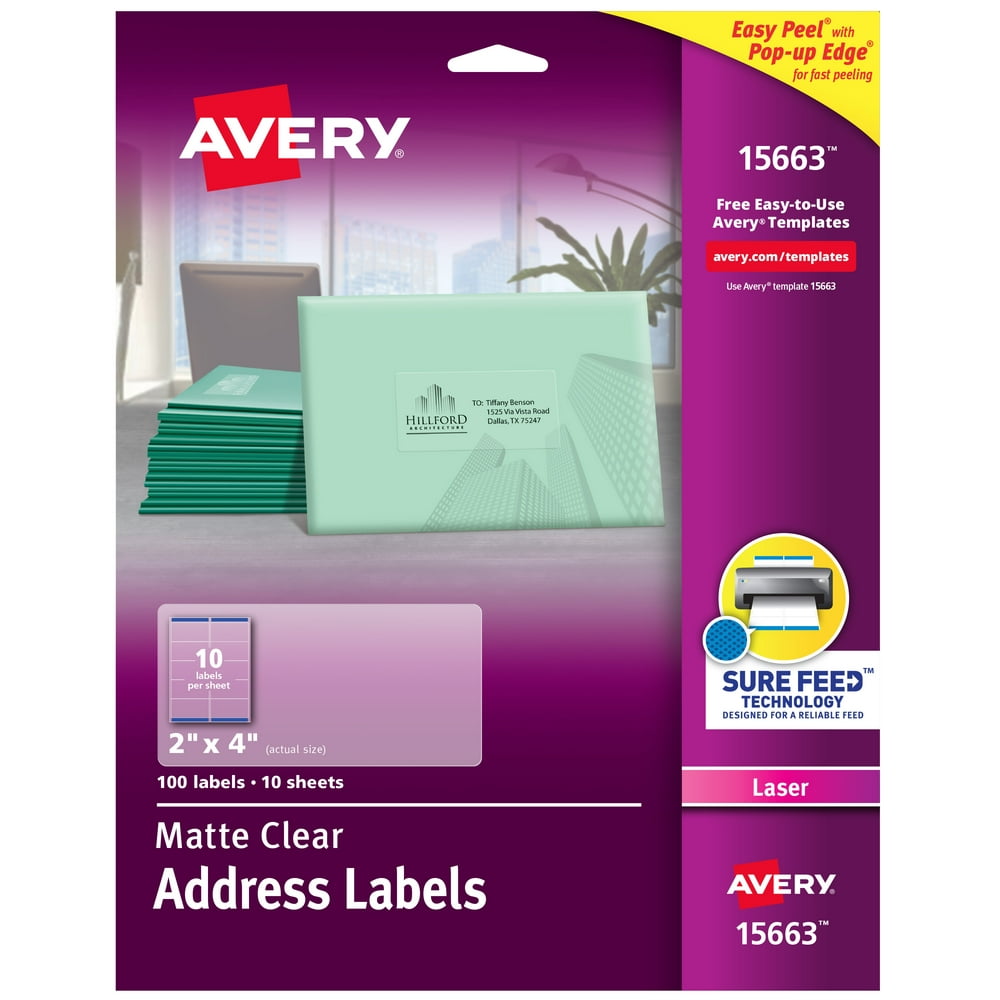 Avery Matte Clear Shipping Labels, Sure Feed Technology, Laser, 2" x 4