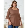 thumbnail image 6 of SHOWMALL Women's Plus Size Shirts Bell-Sleeve Ultimate T shirts Cocoa brown 2X Scoop Neck Casual Blouses 3/4 Sleeves Basic Tops, 6 of 7