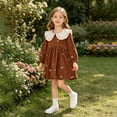 thumbnail image 7 of Toddler Warm Corduroy Fall Outfit Contrast Big Ruffle Collar Tiny Floral Embroidery Gathered Waist Casual Dress for Birthday Parties Indoor Tea Parties Brown 100, 7 of 7