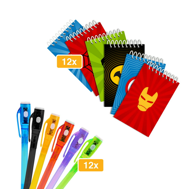 HeroFiber Superhero Party Favors, Set of 12: Invisible Ink Pen and Mini  Notebooks, Invisible Ink Pens With UV Light For Kids, Birthday Party Favors  for Kids, Classroom Superhero Prizes, Mad Libs 