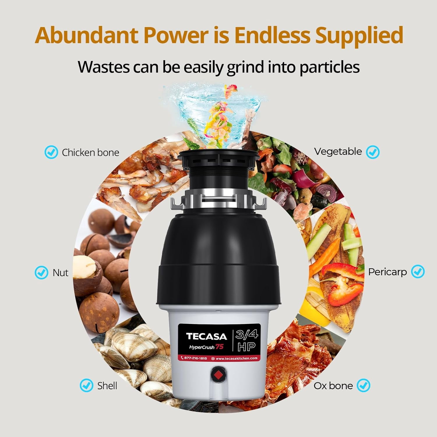 3/4 HP Garbage Disposals with Sound Reduction, TECASA Continuous Feed, Stainless Steel Food Waste Grinding System for Kitchen Sink Food Waste, Power Cord Included, Grey and Black, HyperCrush 75