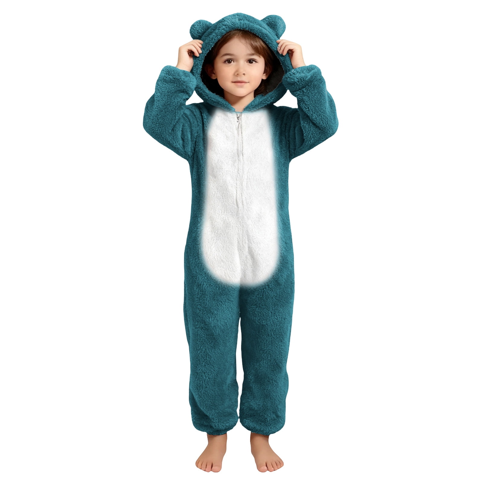UQJfacai Girls Fleece Onesie Jumpsuit Kids Color Block Warm Sherpa Romper One Piece Zipper Cat Ear Hooded Cute Loungewear 4-14 Years