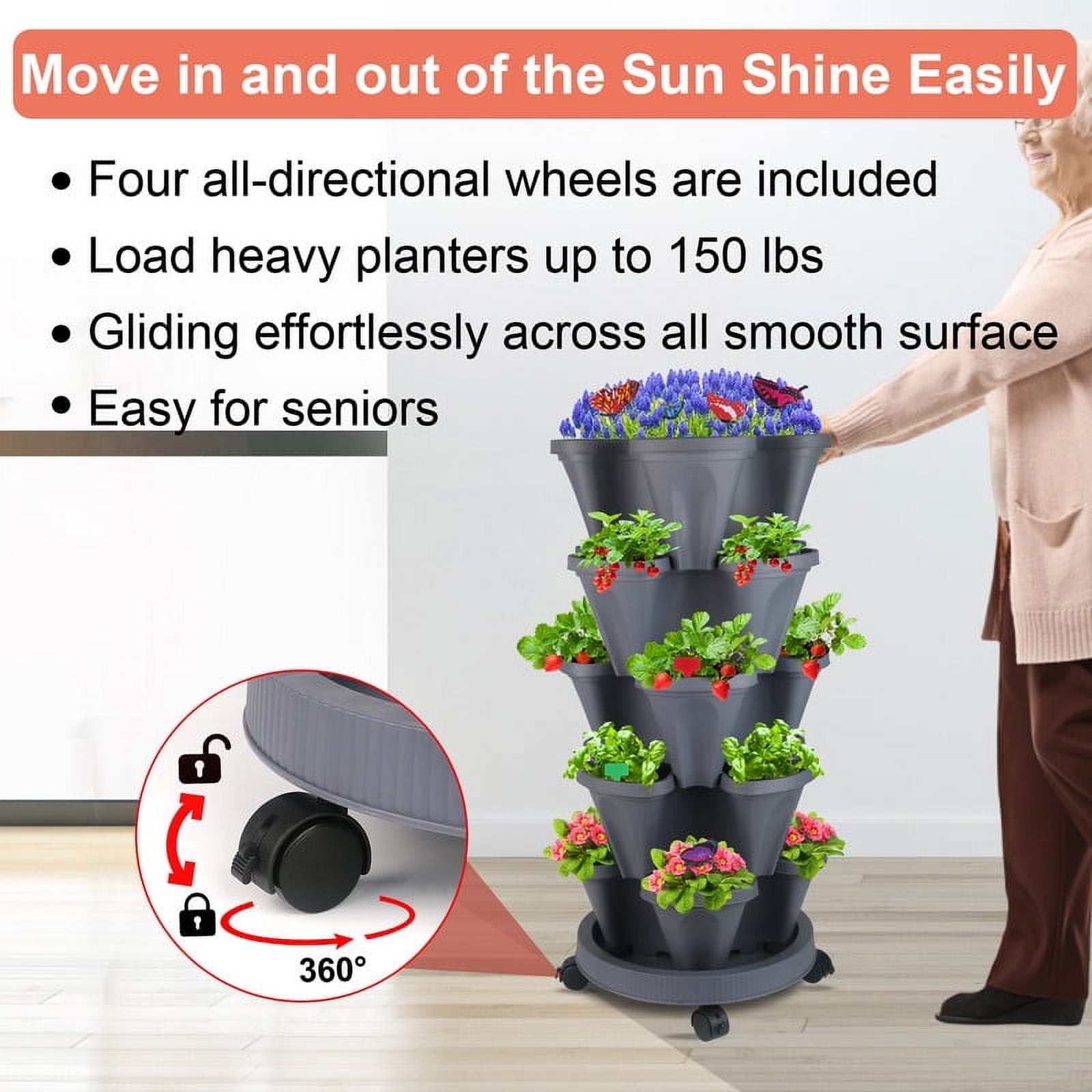 2Pack 5 Tier Vertical Garden Stackable Planter With Accessories for Vegetables, Flowers, Herbs, Succulents, Microgreen Gardening - Dark Gray