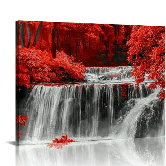 FCXZI Black White and Red Waterfall Canvas Wall Art- Red Tree Prints Landscape Picture - Nature Forest Scenery Paintings for Living Room Bedroom Home Office Wall Canvas painting 16x12in