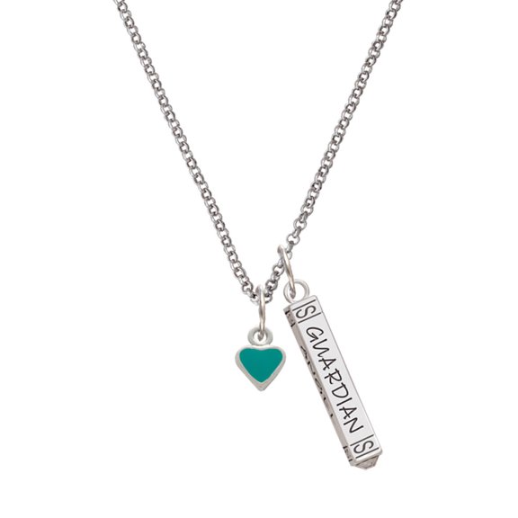 Delight Jewelry Silvertone Mini Two Sided Teal Heart Silvertone Guardian Angel Bar Charm Necklace, 23"