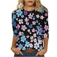 thumbnail image 5 of JTZGDY Women's 3/4 Length Sleeve Tops Dressy Casual Ruched Pleated Blouses Cute Floral Printed Crewneck Graphic T-Shirts Loose Curved Hem Tunic Fall Outfit Tshirts Clothes Navy#04 XL, 5 of 7