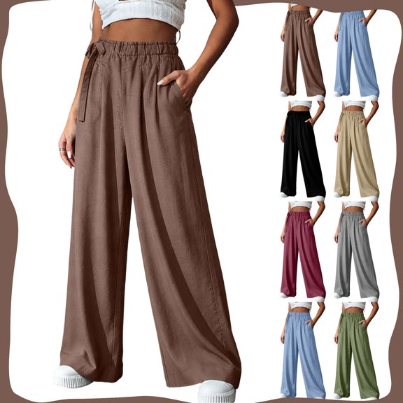 Women's High Waisted Wide Leg Pants with Pockets - Solid Color Pleated Elastic Loose Fit Casual Trousers, S-2XL