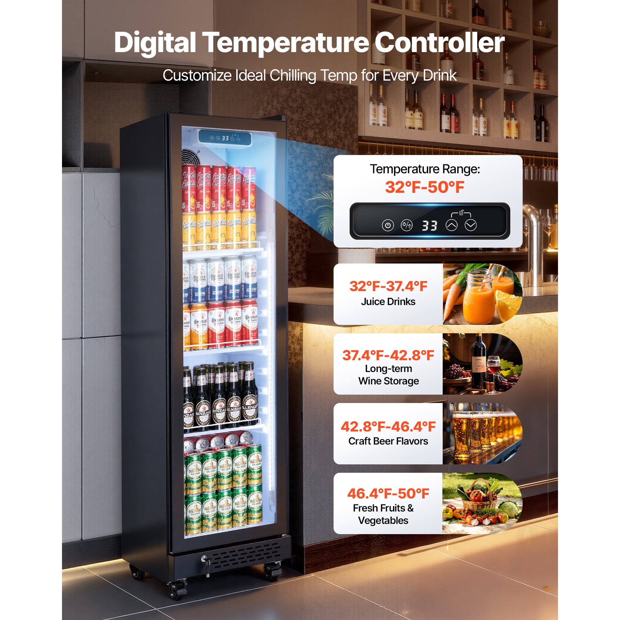 KFFKFF Commercial Glass Door Refrigerator, 6.9 Cu.Ft / 195L Upright Beverage Cooler with Adjustable Shelves, LED Lighting & Casters for Home, Shops, and Bars