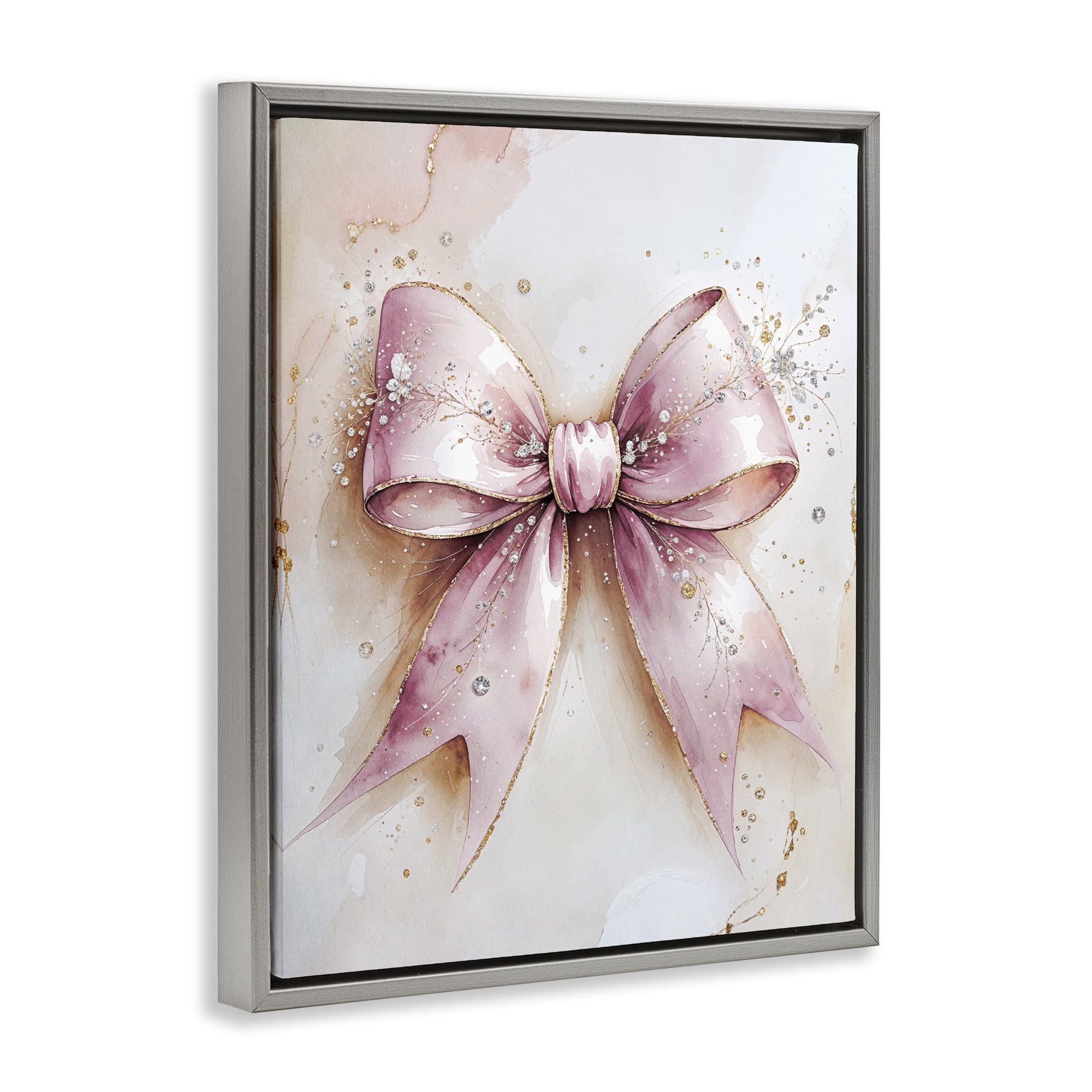 Stupell Industries Glamorous Blush Pink Bow Gray Framed Floater Canvas Wall Art, design by Nataly White