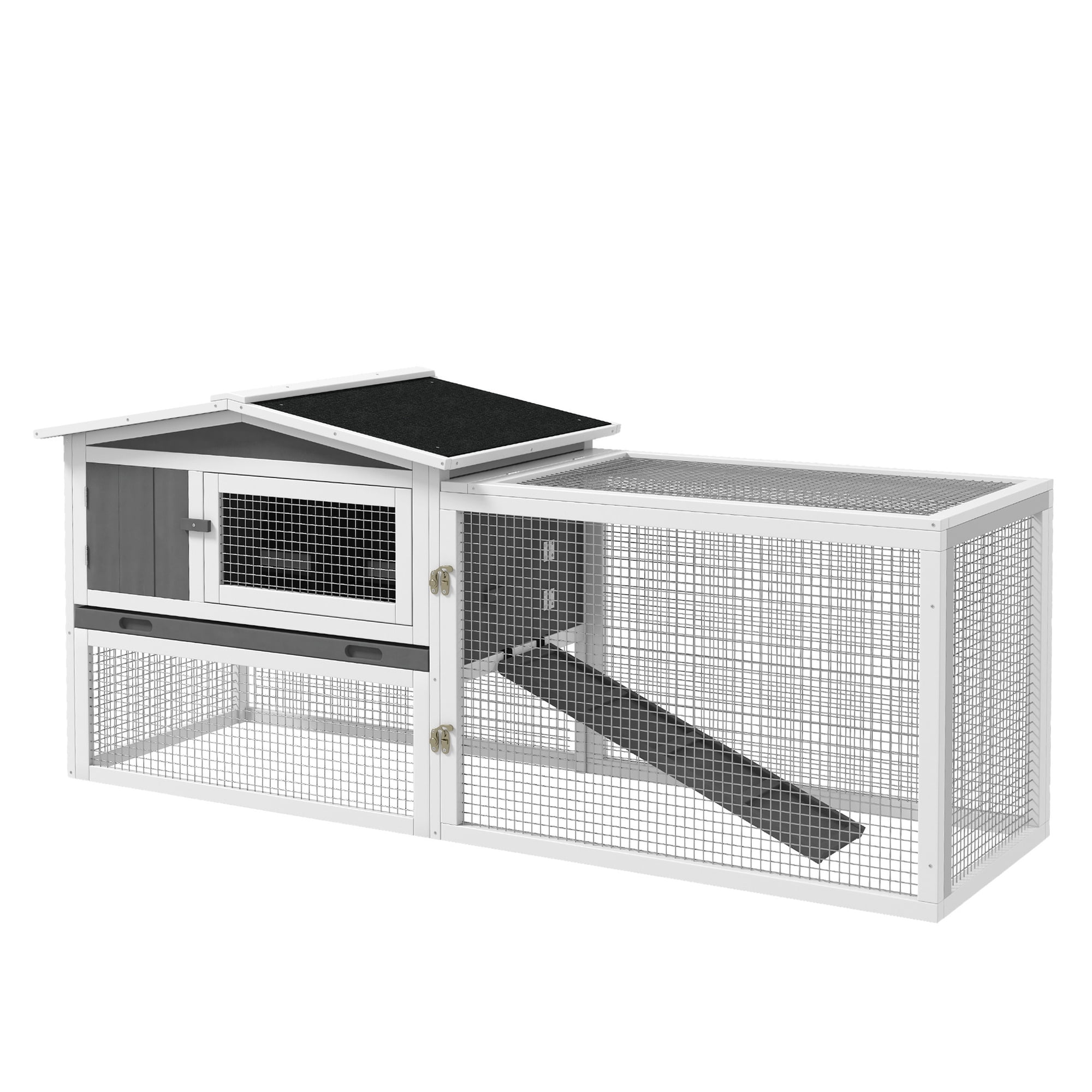 Rabbit Hutch 2-Story Bunny Cage, Guinea Pig Cage Indoor Outdoor, Small Animal House with Slide Out Tray, for Rabbits, Chickens, 61.5" x 23" x 27", Light Gray