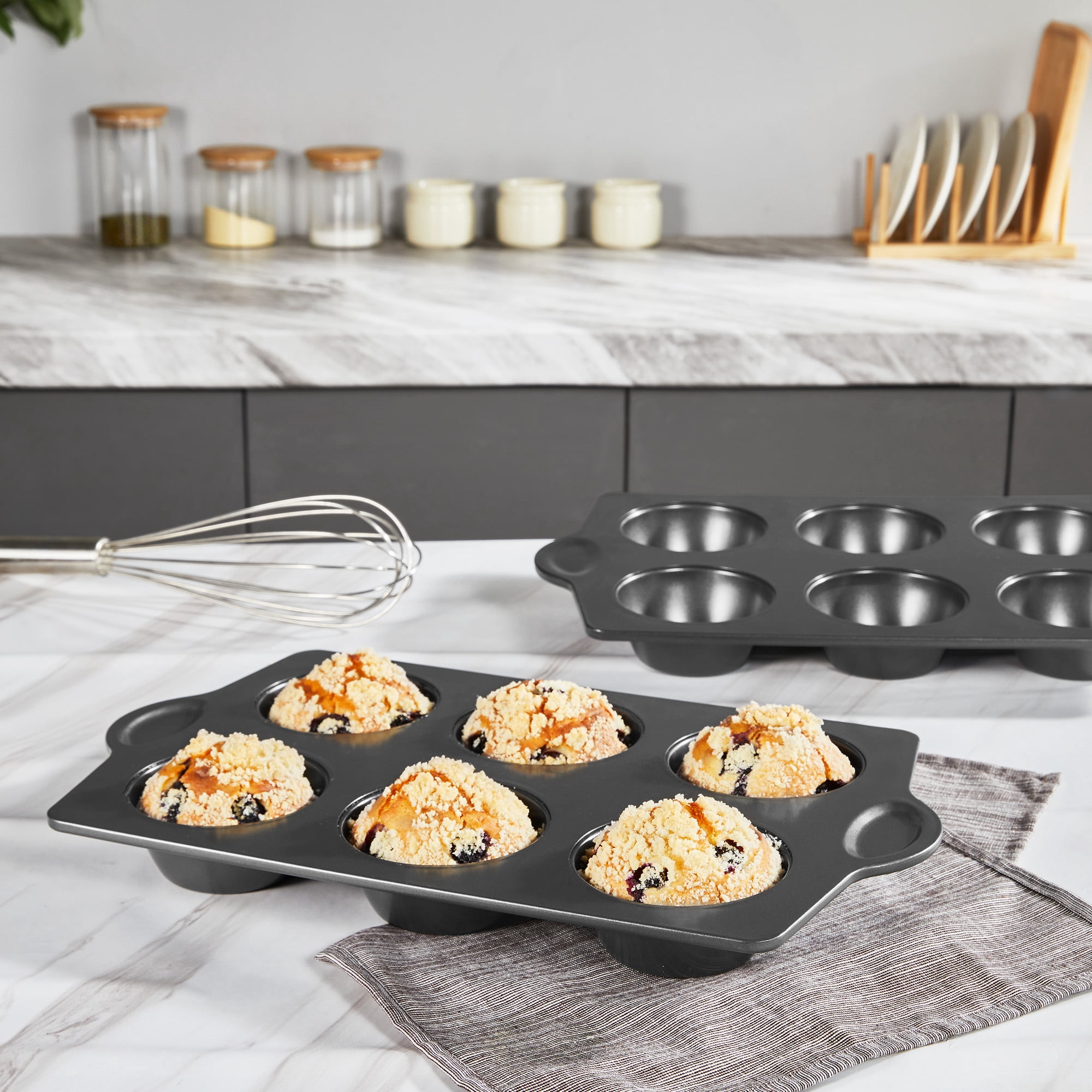 HONGBAKE Nonstick Jumbo Muffin Pan, 2 Pack Large Cupcake Tin for Baking, Cup Cake Tray, 3.5dia, 6 Cup, Premium, Extra Thick, Dishwasher Safe