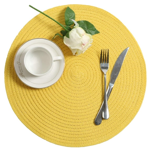 Set of 4 Round Top Cotton Braided Placemats Non-Slip Table Mats for Dining Kitchen Table Washable 15 inch,Yellow