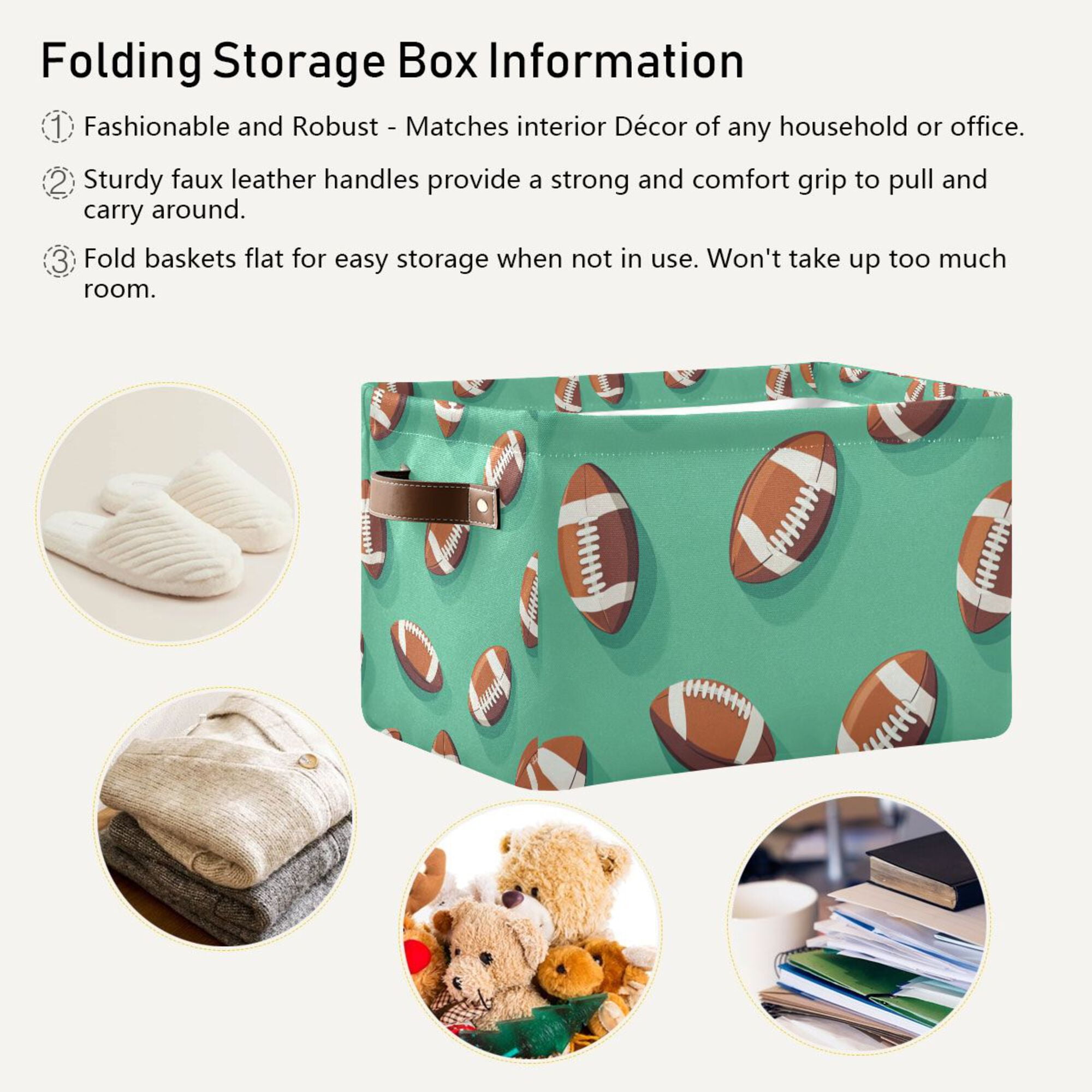 Yayeee Canvas Storage Basket with Handles for Shelves Fabric Bins Closet Organizer, Green American Footballs