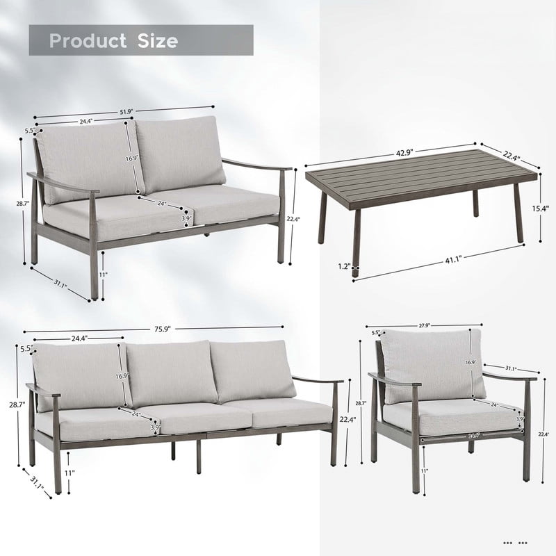 5 Piece Aluminum Patio Furniture Set, Outdoor Sectional Sofa with Coffee Table, Garden Conversation Set with Loveseat and 3-Seat Sofa
