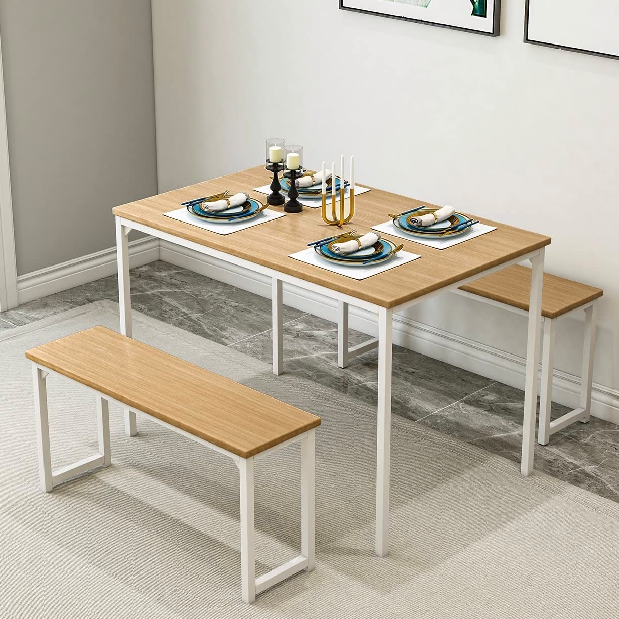 Bonzy Home Compact Dining Table Set 3-Piece for 4 with 2 Benches, Small