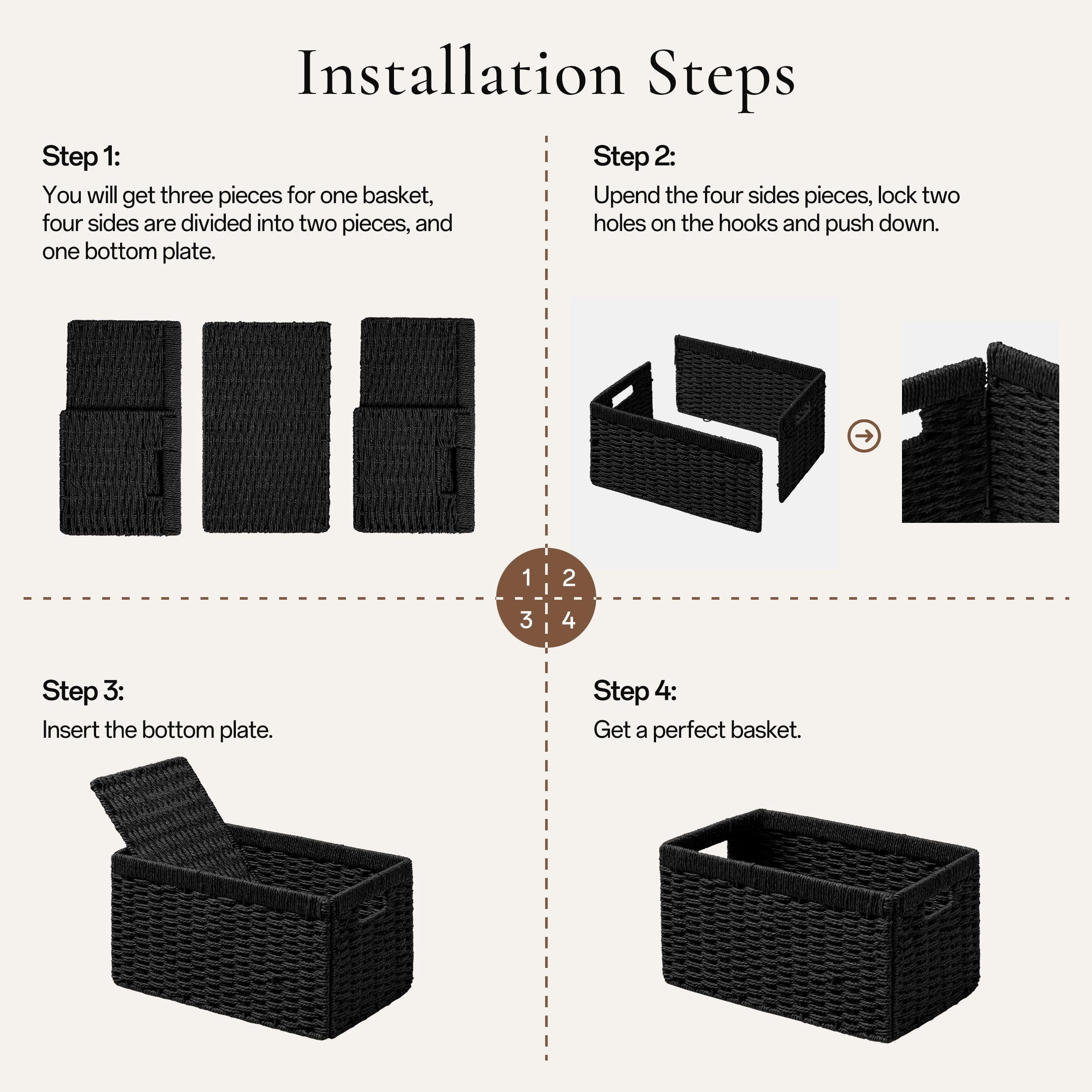 Rectangular Foldable Hand-Woven Storage Baskets Black 4 Pack 13.4l X 8.3w X 7.1h Inch For Pantry Shelves Organization